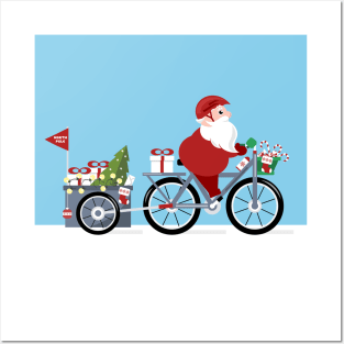 Santa Claus  riding a bike with gifts Posters and Art